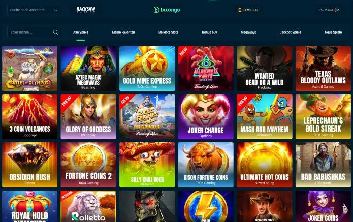 Rolletto-Casino-Lobby mit Anbieterfilter, Spielkategorien und Slot-Kacheln Rolletto-Casino-Lobby mit Anbieterfilter, Spielkategorien und Slot-Kacheln