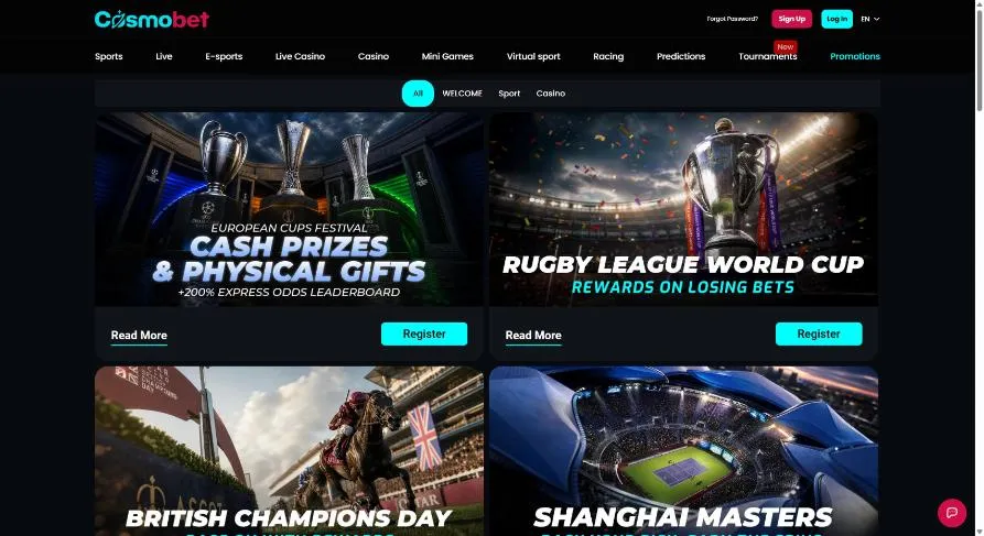 Aktionsseite von Cosmobet mit European Cups Festival und Angebot zur Rugby League World Cup