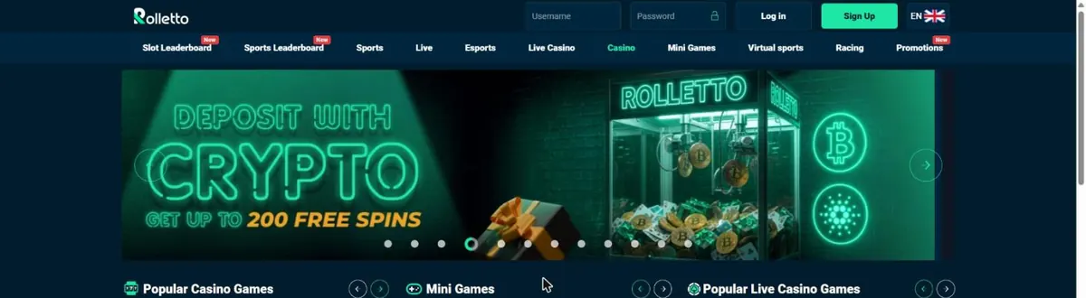 Rolletto-Banner: Mit Krypto einzahlen und bis zu 200 Freispiele erhalten
