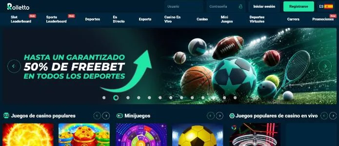 Página de inicio de Rolletto en español en rolletto.win con los campos Usuario y Contraseña Página de inicio de Rolletto en español en rolletto.win con los campos Usuario y Contraseña