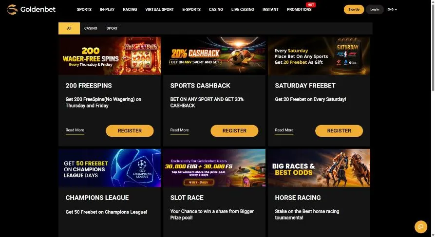 Aktionsseite von Goldenbet mit 200 Freispielen ohne Umsatz, 20 % Sport-Cashback und Samstags-Freebet Aktionsseite von Goldenbet mit 200 Freispielen ohne Umsatz, 20 % Sport-Cashback und Samstags-Freebet