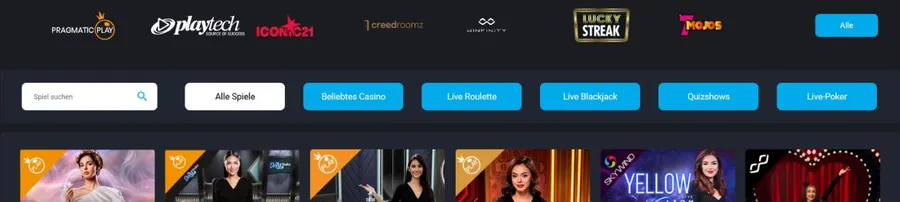 Live-Casino-Lobby von MyStake mit den Logos von Pragmatic Play, Playtech, ICONIC21, CreedRoomz, Winfinity, LuckyStreak und 7Mojos