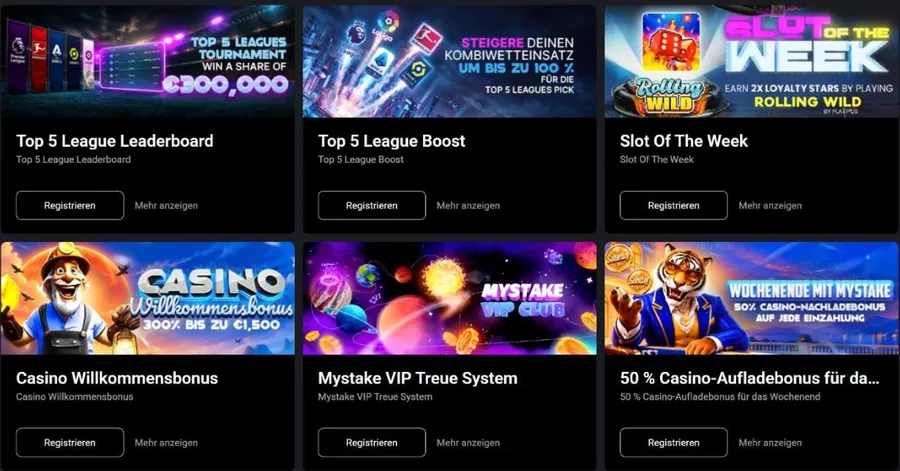 Aktionsseite von MyStake auf Deutsch mit Top 5 League, Slot Of The Week, Casino Willkommensbonus, VIP Treue System und Wochenend-Reload