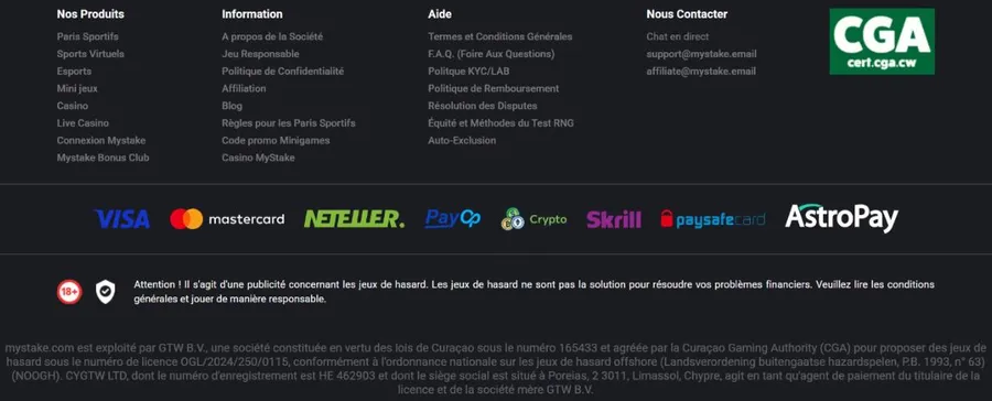 Pied de page de MyStake avec le sceau CGA, les logos de paiement et la mention de licence GTW B.V. OGL/2024/250/0115 Pied de page de MyStake avec le sceau CGA, les logos de paiement et la mention de licence GTW B.V. OGL/2024/250/0115