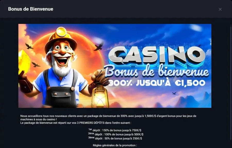 Fenêtre du bonus de bienvenue MyStake : 300 % jusqu'à 1 500 € répartis en 150 %, 100 % et 50 % sur trois dépôts Fenêtre du bonus de bienvenue MyStake : 300 % jusqu'à 1 500 € répartis en 150 %, 100 % et 50 % sur trois dépôts
