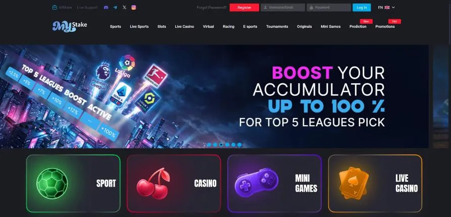 Startseite von MyStake mit Login per Username oder E-Mail, Kombi-Boost-Banner und Kacheln für Sport, Casino, Mini Games und Live Casino