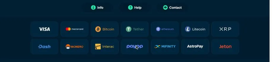 Zahlungslogos im Seitenfuß von Rolletto: Visa, Mastercard, Bitcoin, Tether, Ethereum, Litecoin, XRP, Dash, Monero, Interac, Payop, MiFinity, AstroPay, Jeton