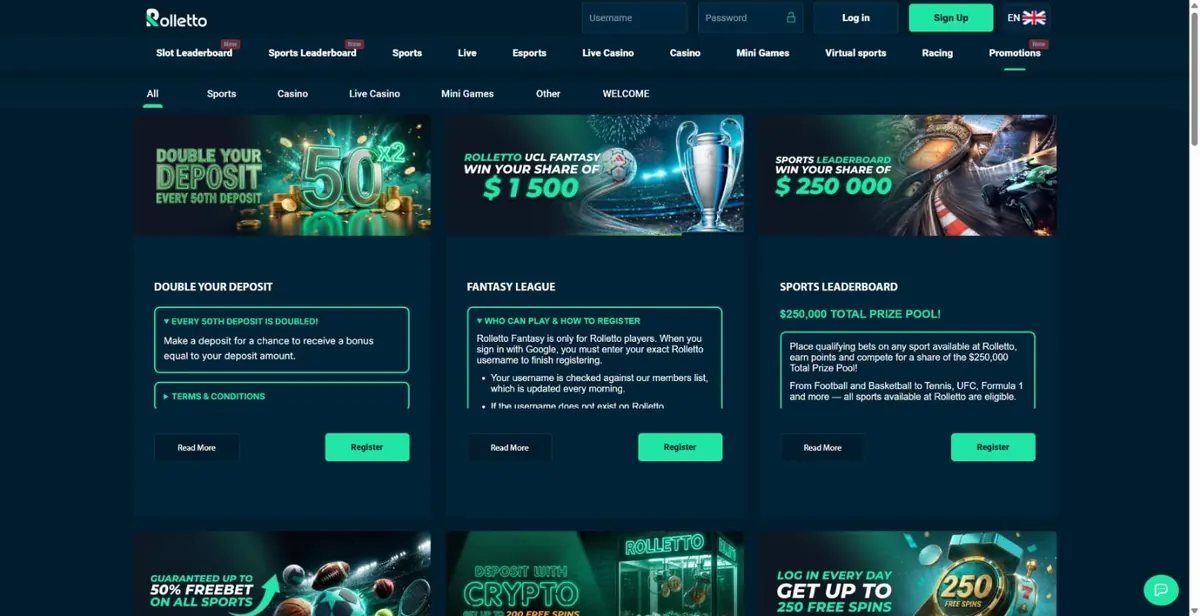 Página de promociones de Rolletto con Double Your Deposit, Fantasy League y Sports Leaderboard Página de promociones de Rolletto con Double Your Deposit, Fantasy League y Sports Leaderboard