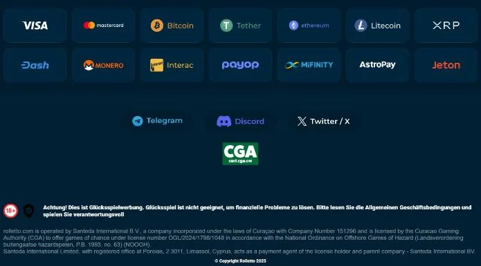 Seitenfuß von Rolletto mit Zahlungslogos, CGA-Siegel und dem Absatz zu Santeda International B.V. und der Lizenz