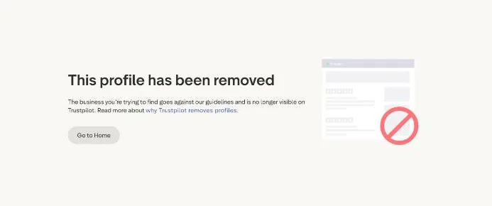 Trustpilot-Seite zu rolletto.com mit der Meldung, dass das Profil entfernt wurde und nicht mehr sichtbar ist