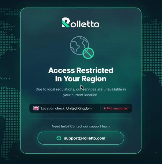 Página «Access Restricted In Your Region» de Rolletto con la comprobación de ubicación United Kingdom no admitido Página «Access Restricted In Your Region» de Rolletto con la comprobación de ubicación United Kingdom no admitido