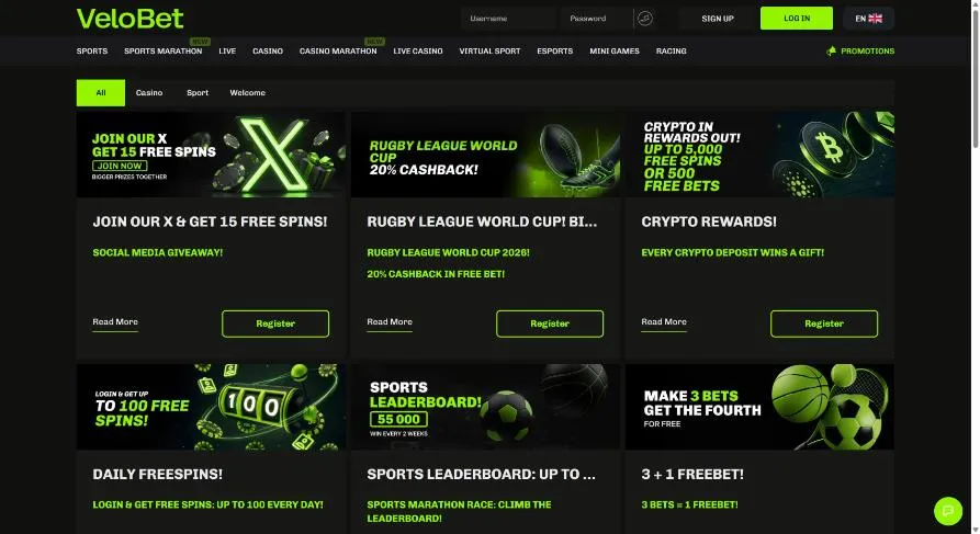 Aktionsseite von Velobet mit Krypto-Belohnungen, täglichen Freispielen und einer Sport-Bestenliste
